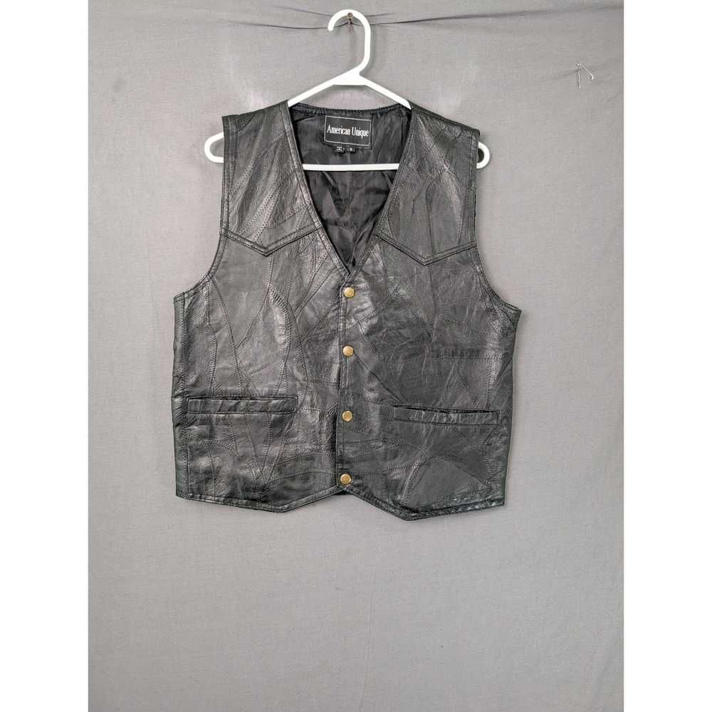 American Unique Mens Patchwork Leather Biker Vest Black Small